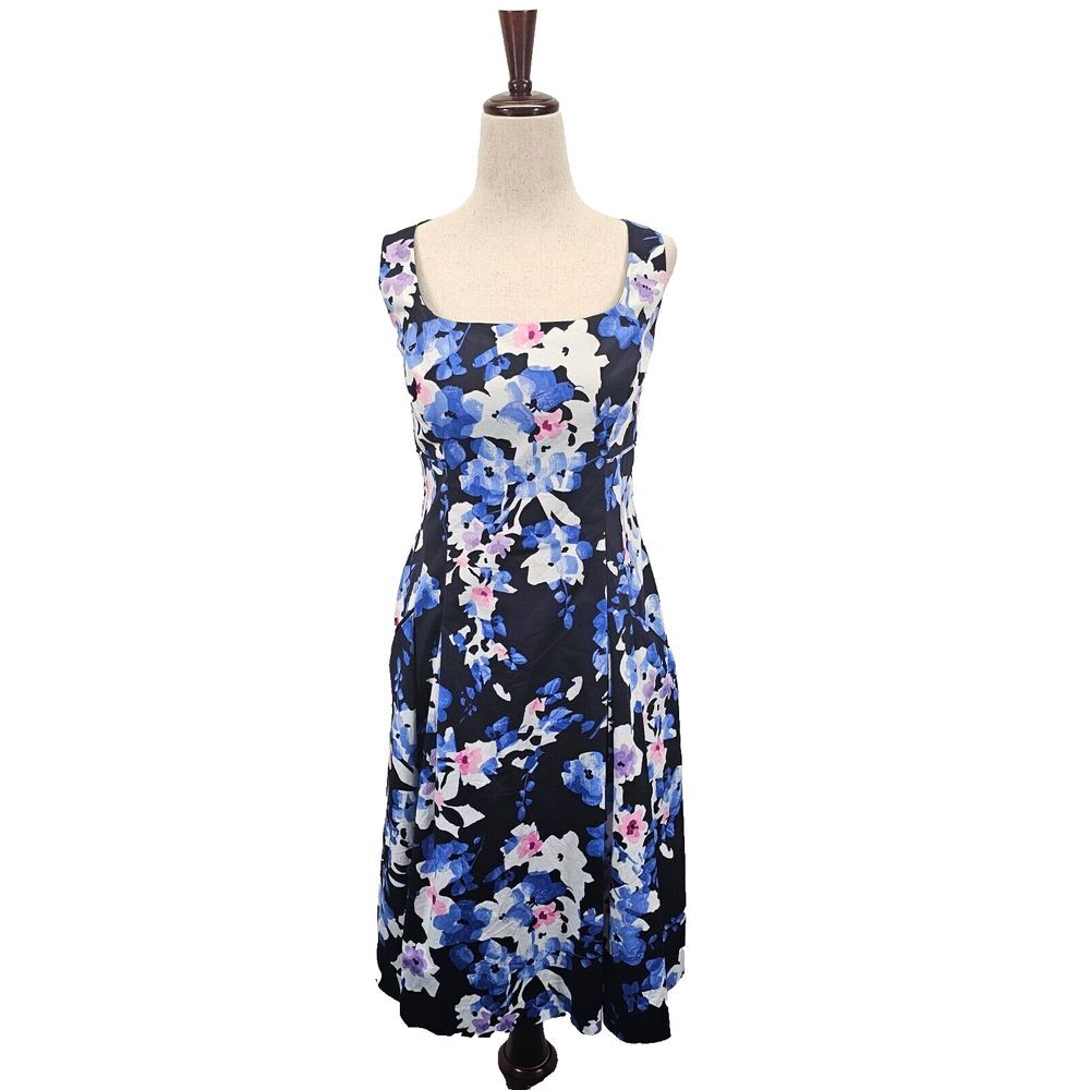 LAUREN RALPH LAUREN $159 Navy Darling Floral Square Neck A-Line‎ Dress Size 12